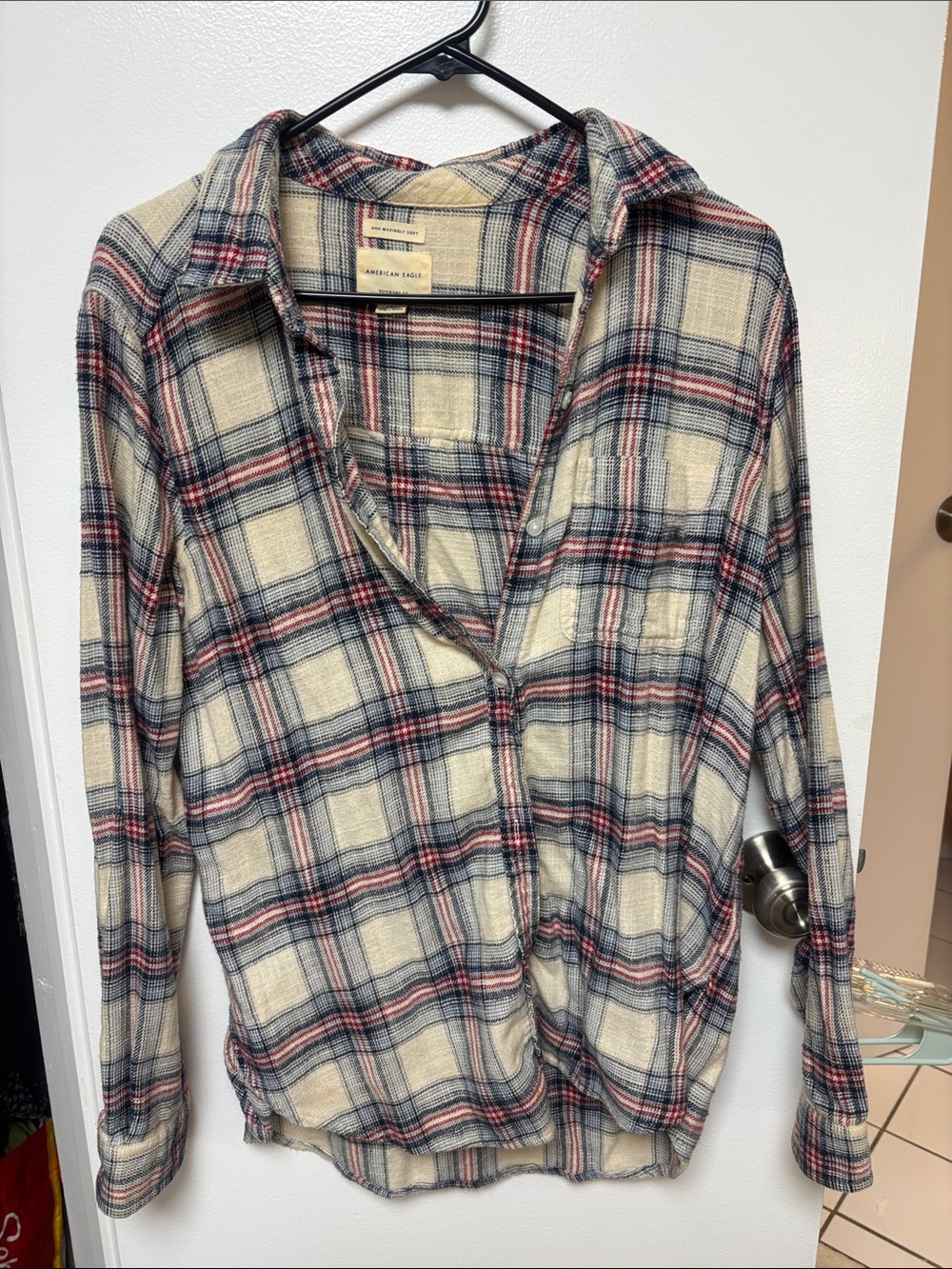 American Eagle Outfitters Cream Plaid Button-Down Shirt with Navy & Red